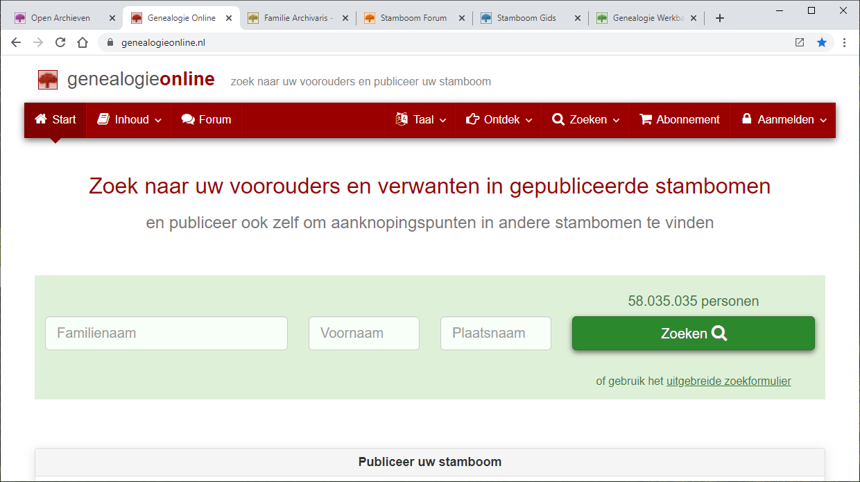 Screenshot Genealogie Online